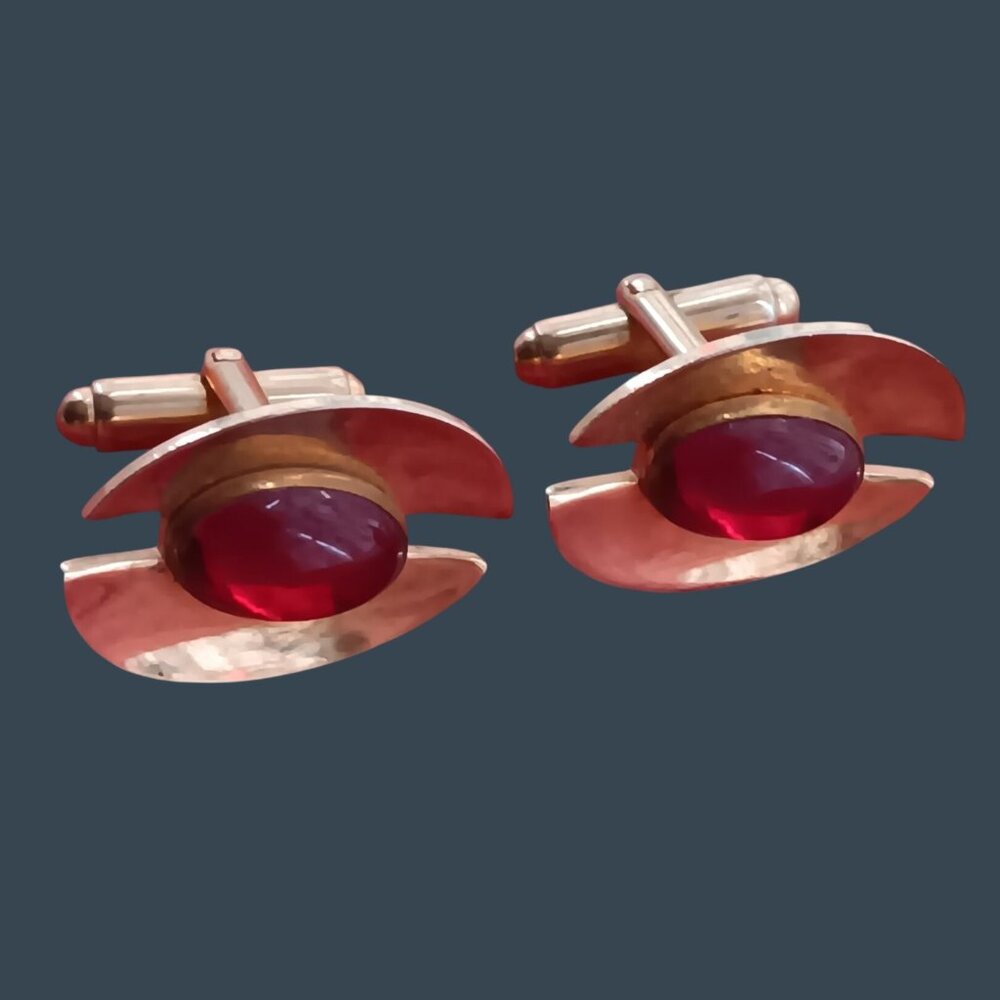 Gold-Tone Vintage Estate MCM Cufflinks With Red Gemstone Accents For Men